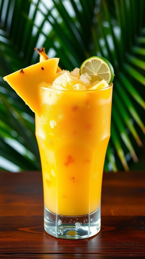 A refreshing Coconut Vodka Tropical Slush in a glass, garnished with pineapple and lime, with a tropical background.
